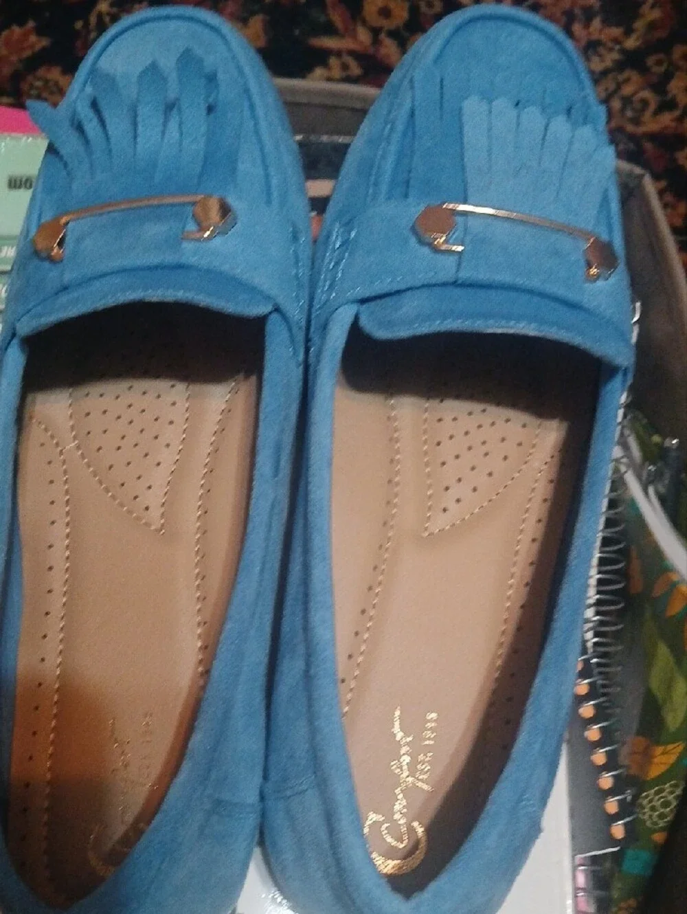 Women's Blue Suede Fringe Loafers with Gold Accent